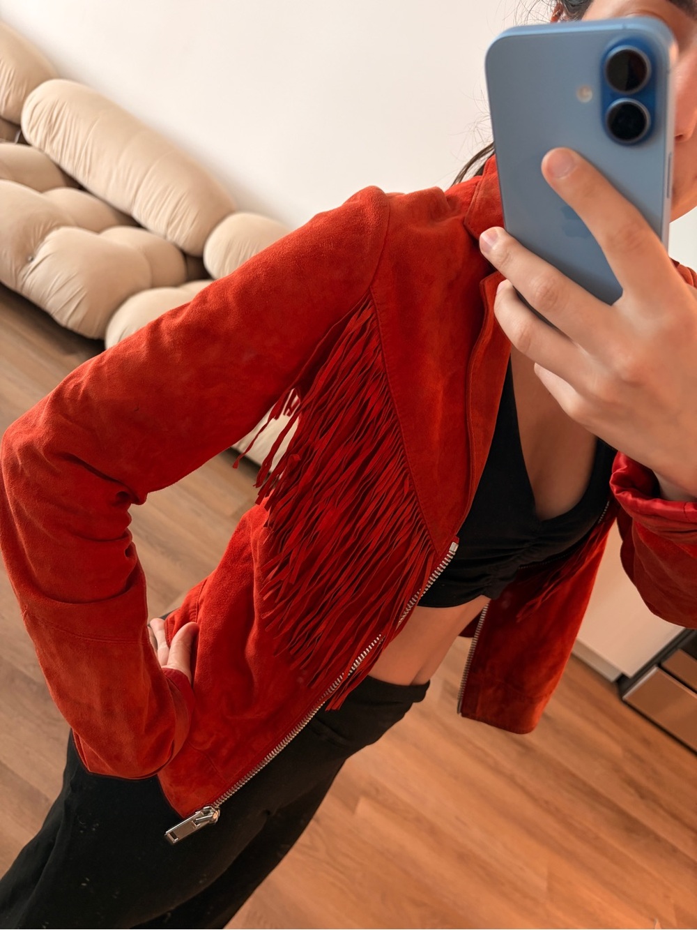 Suede Fringe Leather Jacket - Red